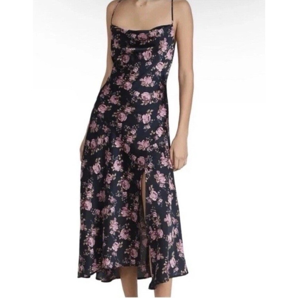 ASTR the Label Women’s S Gaia Navy Floral Midi Satin Slip Dress Cowl Neck NWT